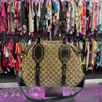 Gucci GG Supreme Tan Black Gold Studded Canvas Patti Tote Shoulder Handbag