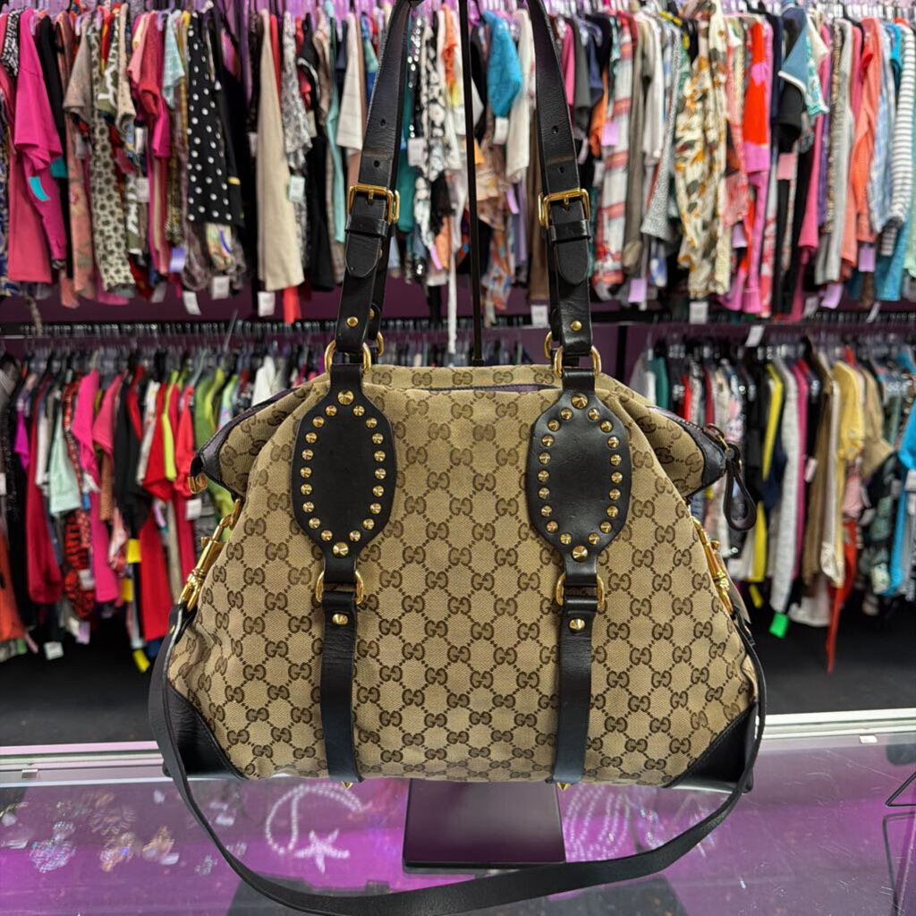 Gucci GG Supreme Tan Black Gold Studded Canvas Patti Tote Shoulder Handbag