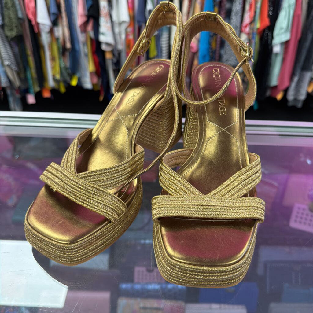 8 Crown Vintage Metallic Gold Braided Platform Sandals Criss Cross Chunk Block Heel