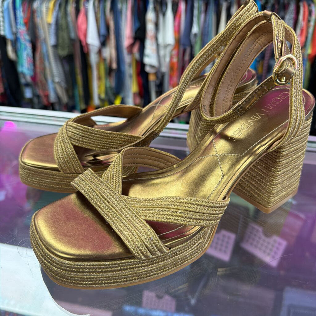 8 Crown Vintage Metallic Gold Braided Platform Sandals Criss Cross Chunk Block Heel