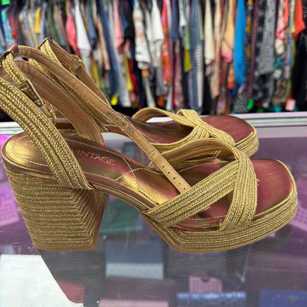 8 Crown Vintage Metallic Gold Braided Platform Sandals Criss Cross Chunk Block Heel