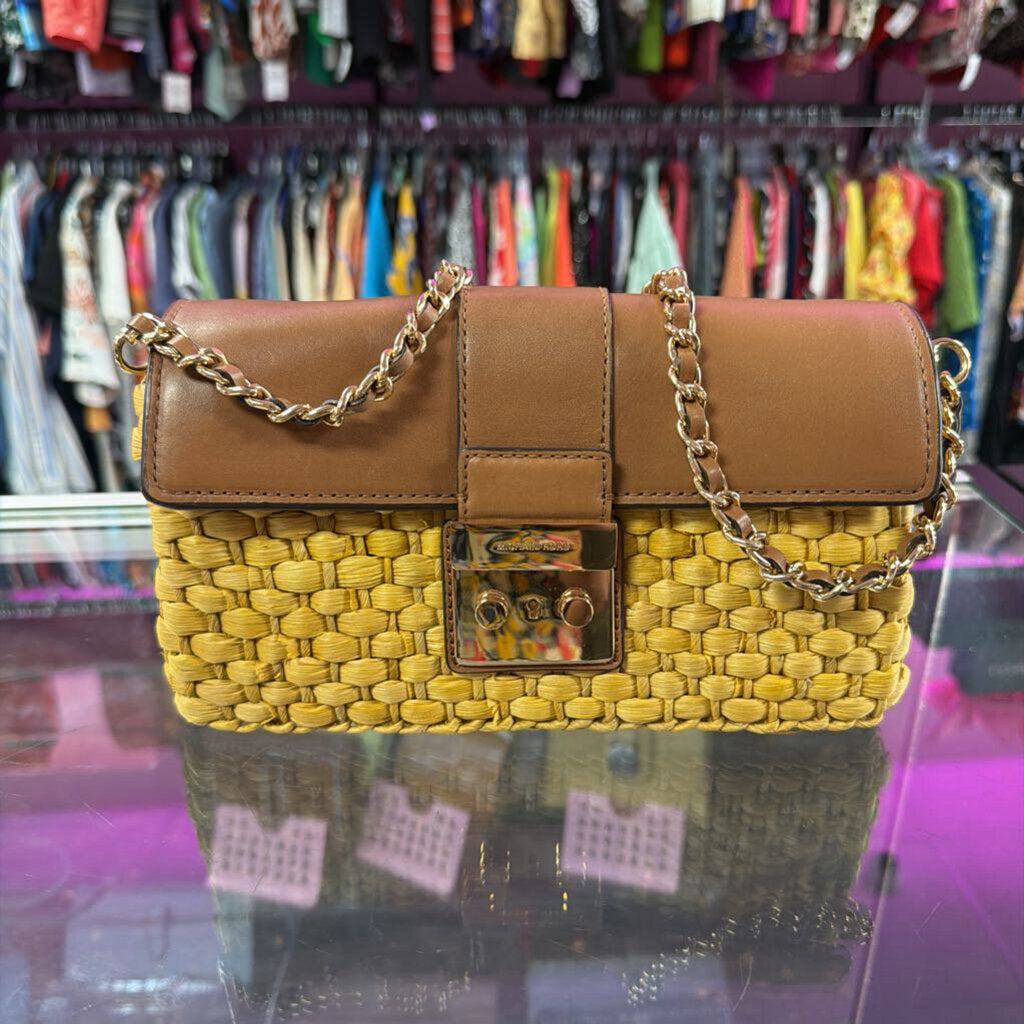 Michael Kors Gabriella Mustard Woven Straw Leather Shoulder Bag