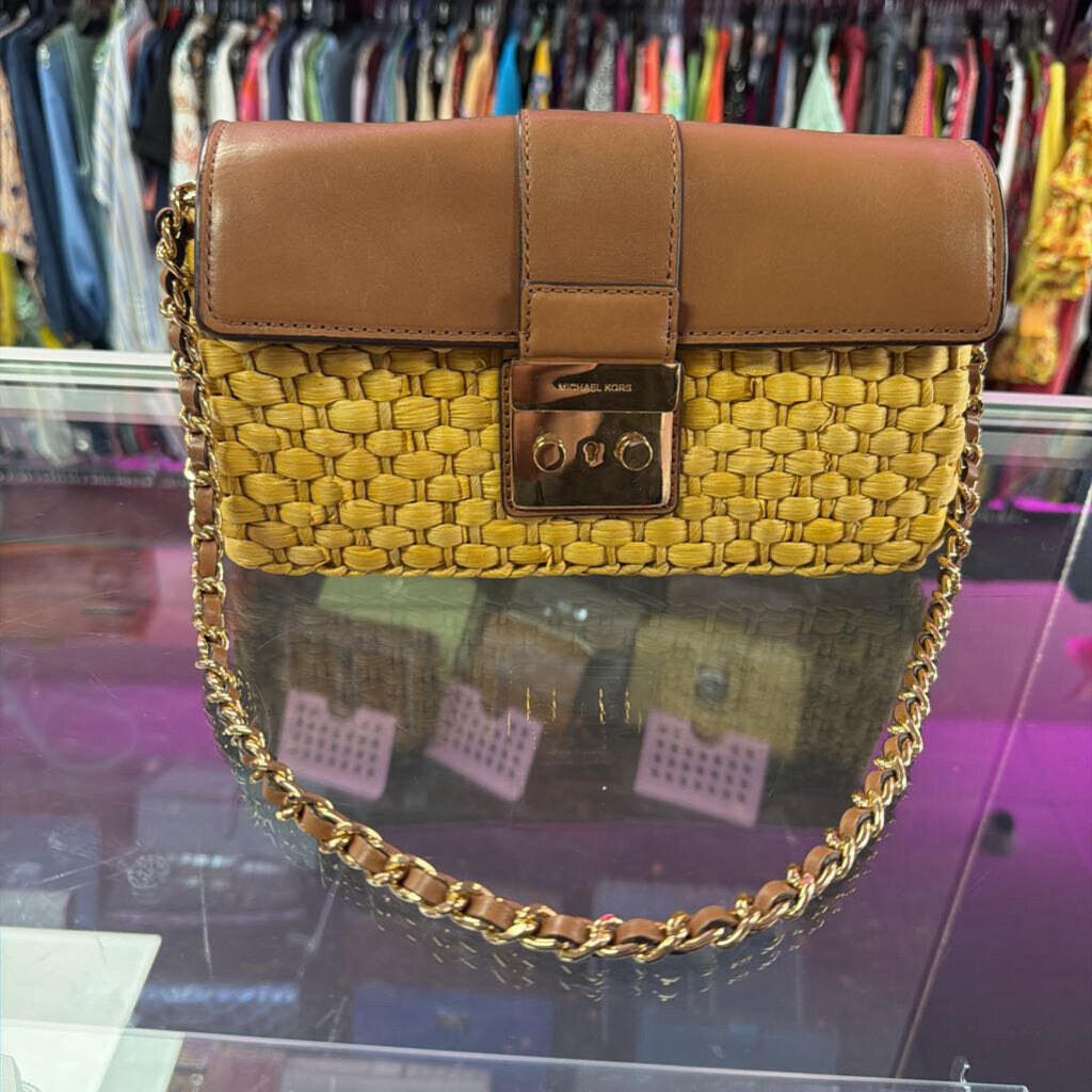 Michael Kors Gabriella Mustard Woven Straw Leather Shoulder Bag