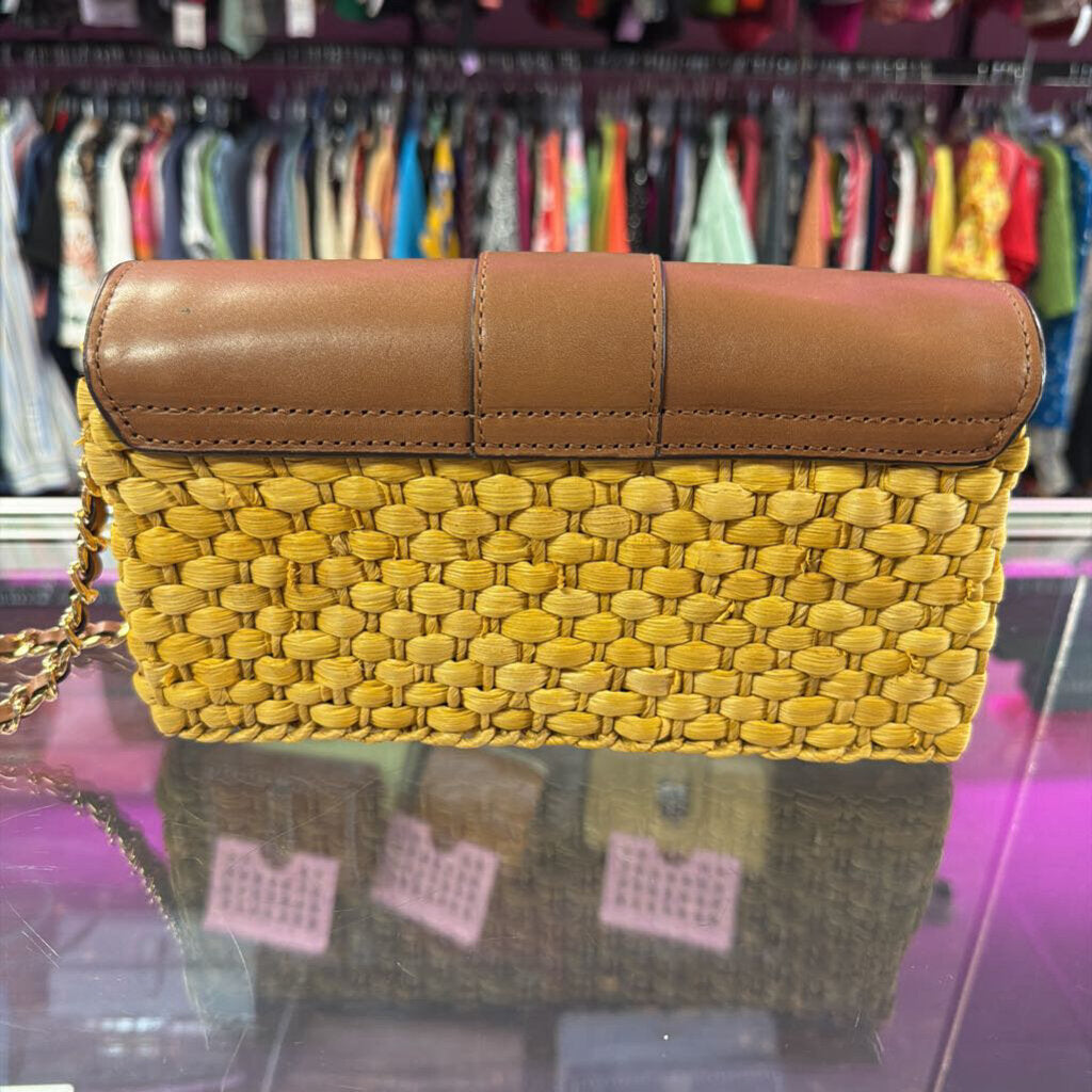 Michael Kors Gabriella Mustard Woven Straw Leather Shoulder Bag