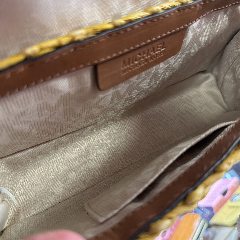 Michael Kors Gabriella Mustard Woven Straw Leather Shoulder Bag
