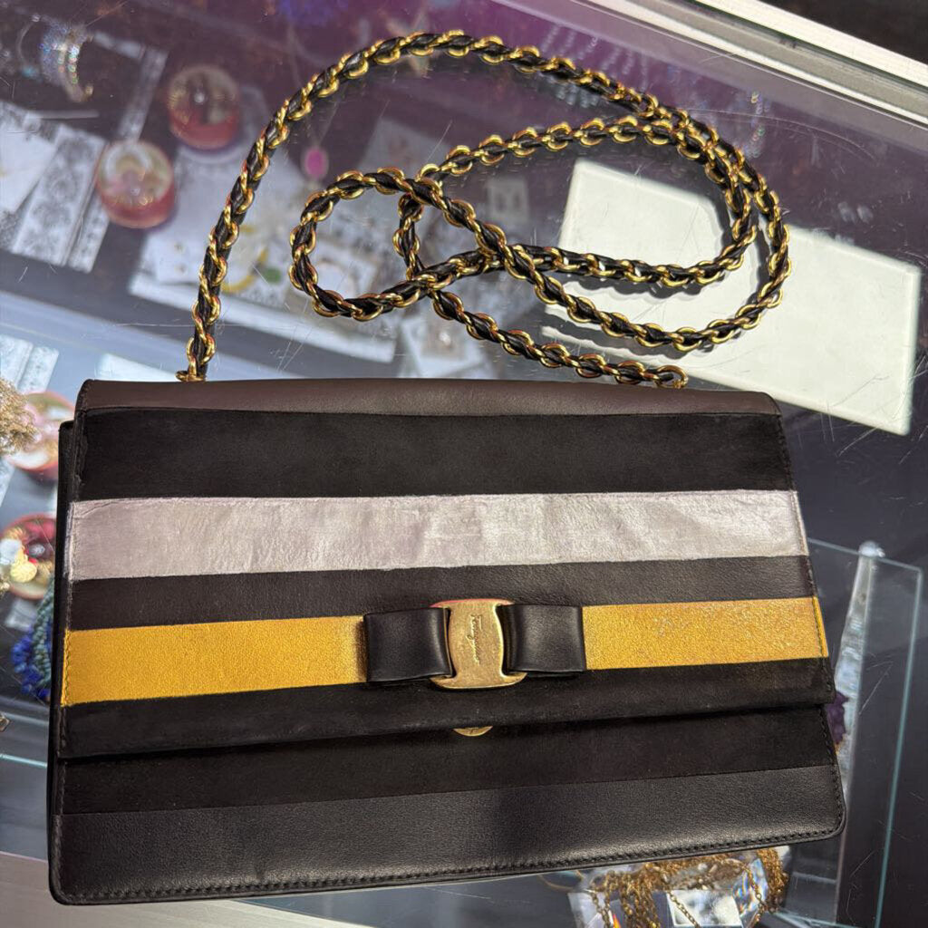 Salvatore Ferragamo Vintage Vara Bow Leather Striped Chain Strap Crossbody