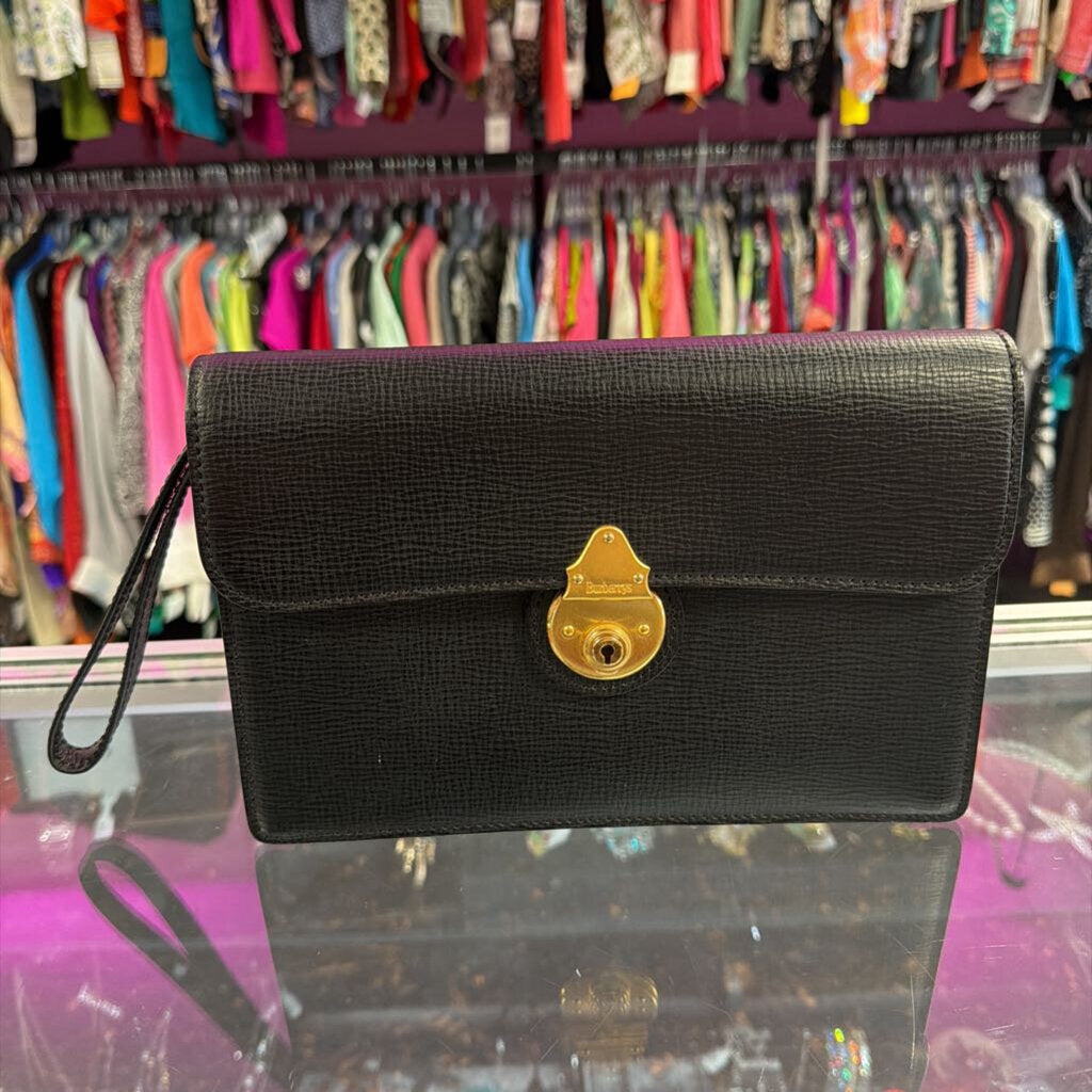 Burberry Vintage Grained Leather Locking Portfolio Clutch House Check Lining Wristlet From1980s-90s