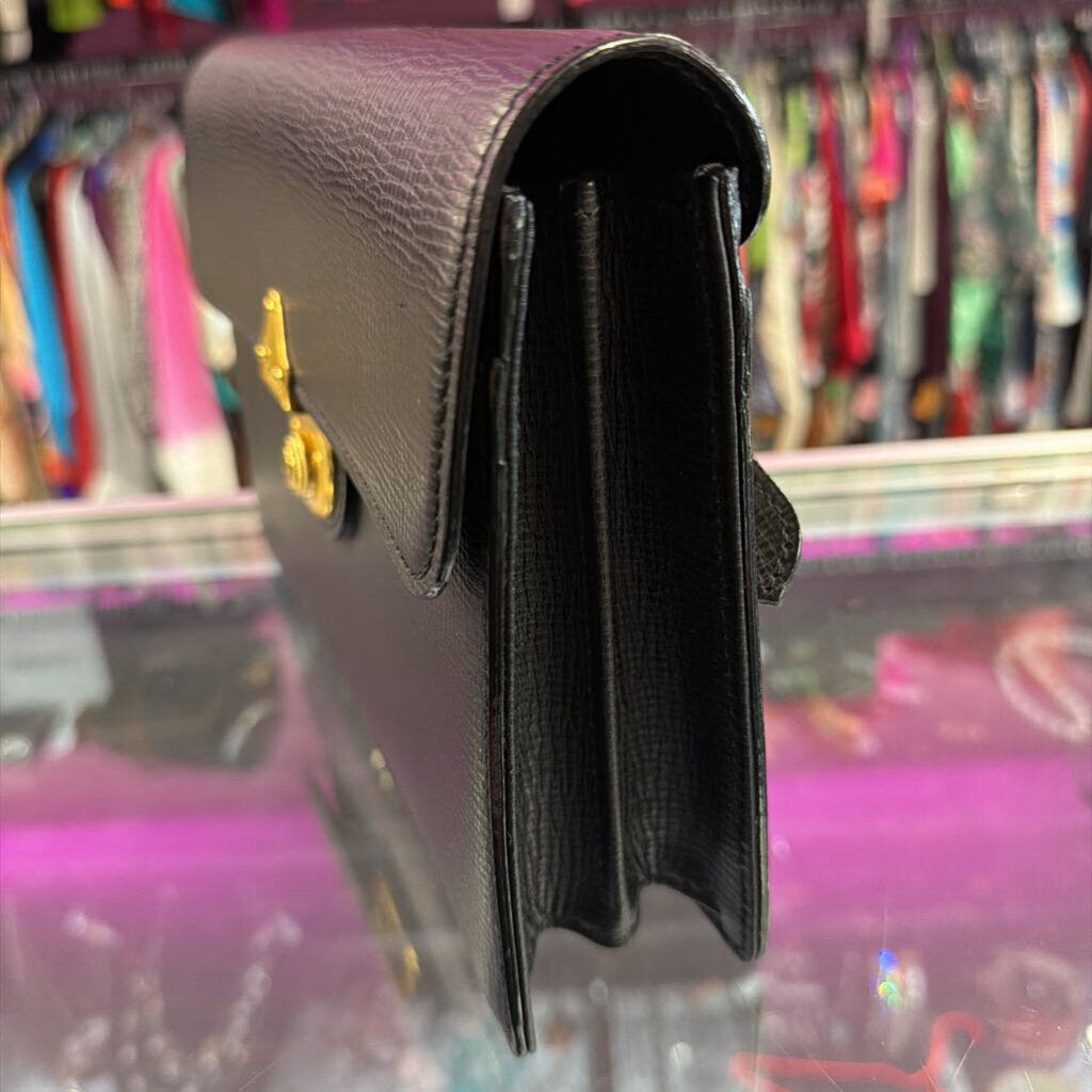 Burberry Vintage Grained Leather Locking Portfolio Clutch House Check Lining Wristlet From1980s-90s