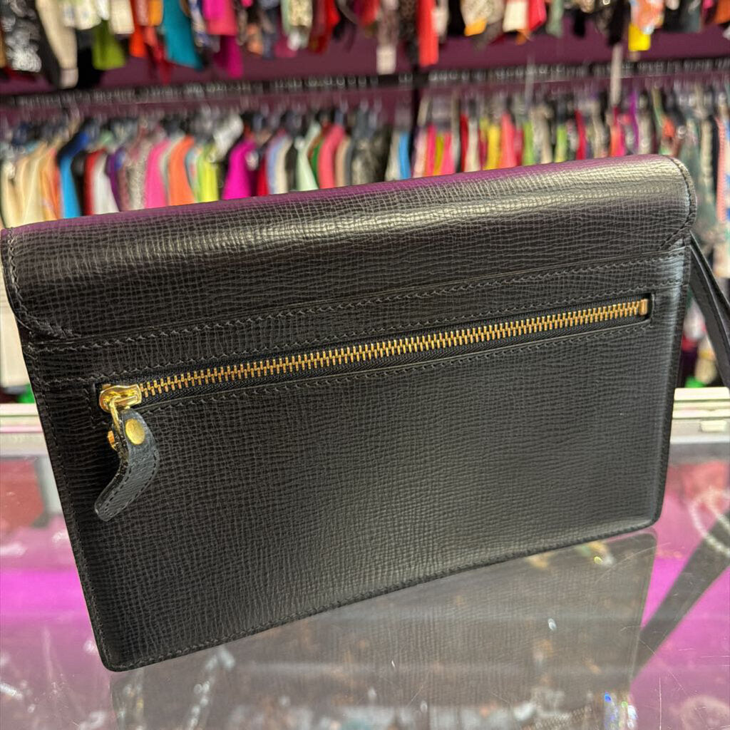Burberry Vintage Grained Leather Locking Portfolio Clutch House Check Lining Wristlet From1980s-90s