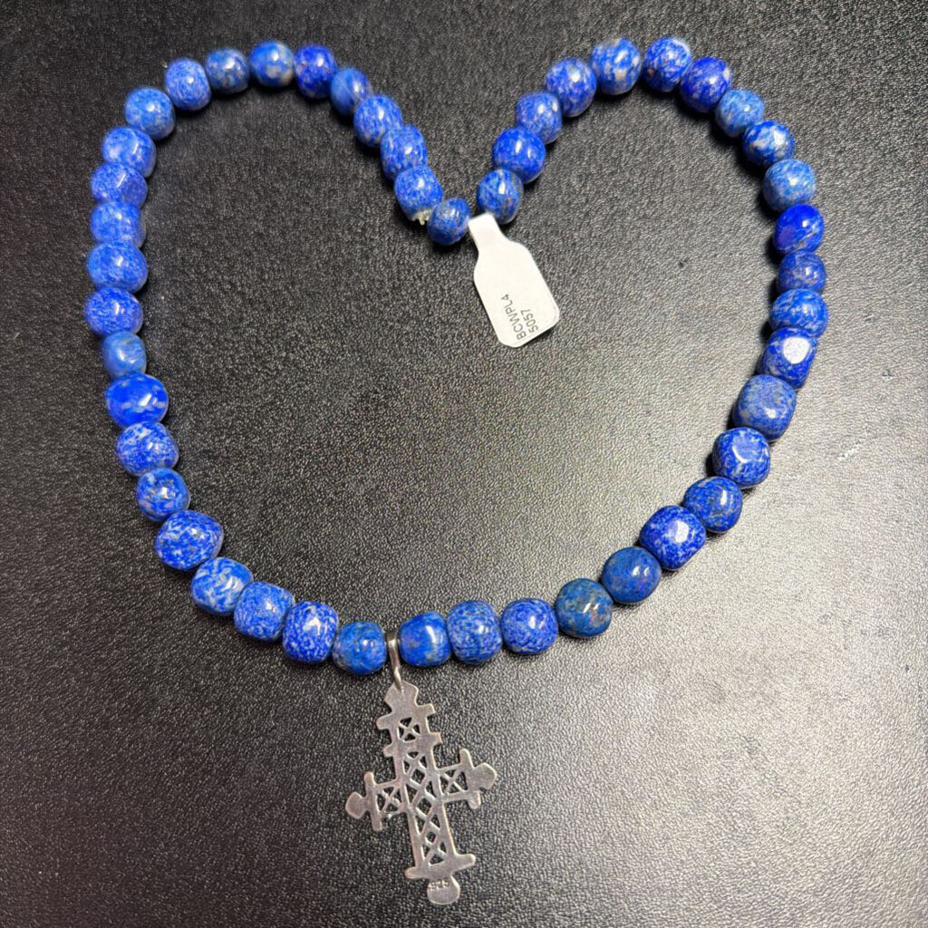 925 Ethiopian Coptic Cross Lapis Lazuli Beaded Necklace