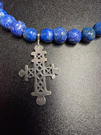 925 Ethiopian Coptic Cross Lapis Lazuli Beaded Necklace