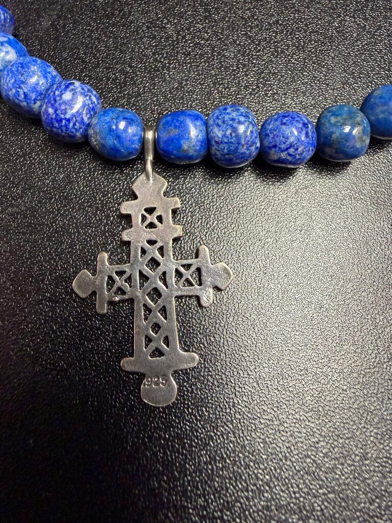 925 Ethiopian Coptic Cross Lapis Lazuli Beaded Necklace