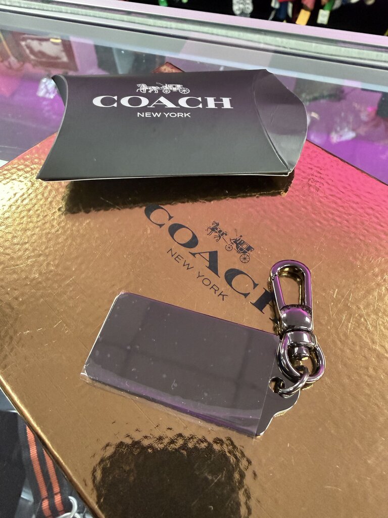Coach Gun Metal Hang Tag Key Chain With Box & Plastic Protector Still In Place