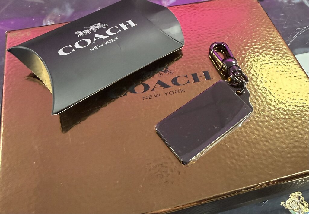 Coach Gun Metal Hang Tag Key Chain With Box & Plastic Protector Still In Place