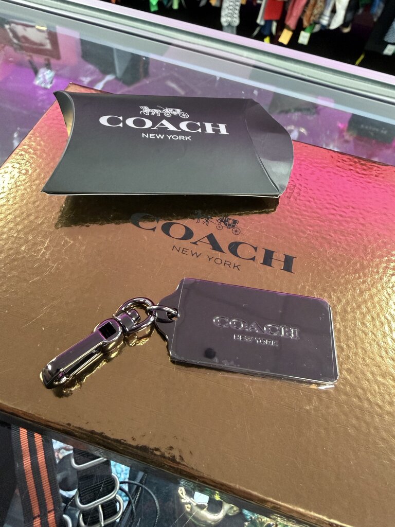 Coach Gun Metal Hang Tag Key Chain With Box & Plastic Protector Still In Place