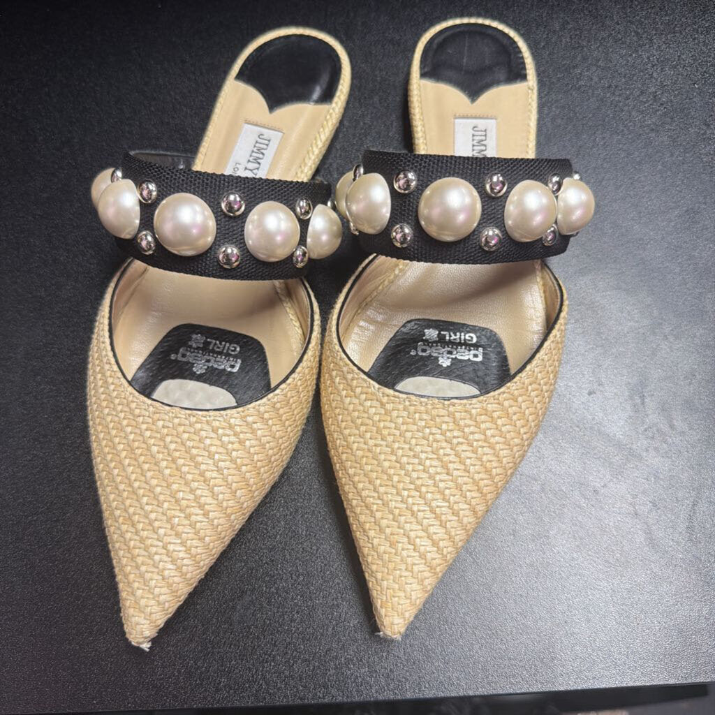 6.5/37.5 Jimmy Choo Basette Raffia Mule Pointed Toe Black Strap Faux Pearl