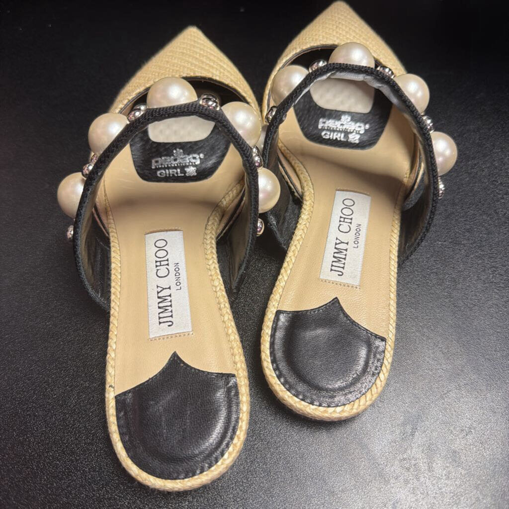 6.5/37.5 Jimmy Choo Basette Raffia Mule Pointed Toe Black Strap Faux Pearl
