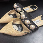 6.5/37.5 Jimmy Choo Basette Raffia Mule Pointed Toe Black Strap Faux Pearl