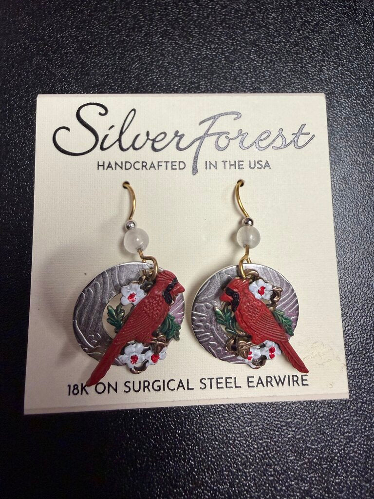 Silver Forest 18K Cardinals On Ring On Surgical Steel Ear wire