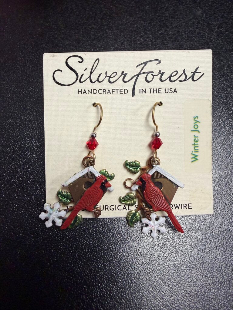 Silver Forest 18K Cardinals With House On Surgical Steel Ear wire