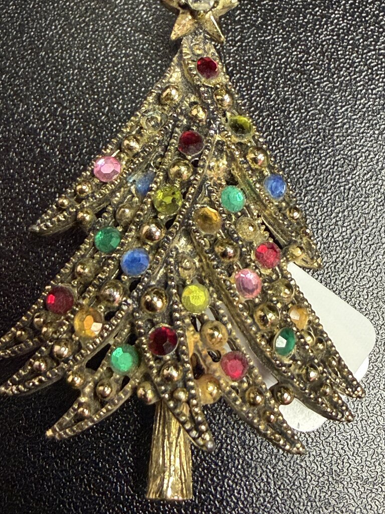 Vintage c.1960 Rhinestone Christmas Tree Brooch Missing One Stone