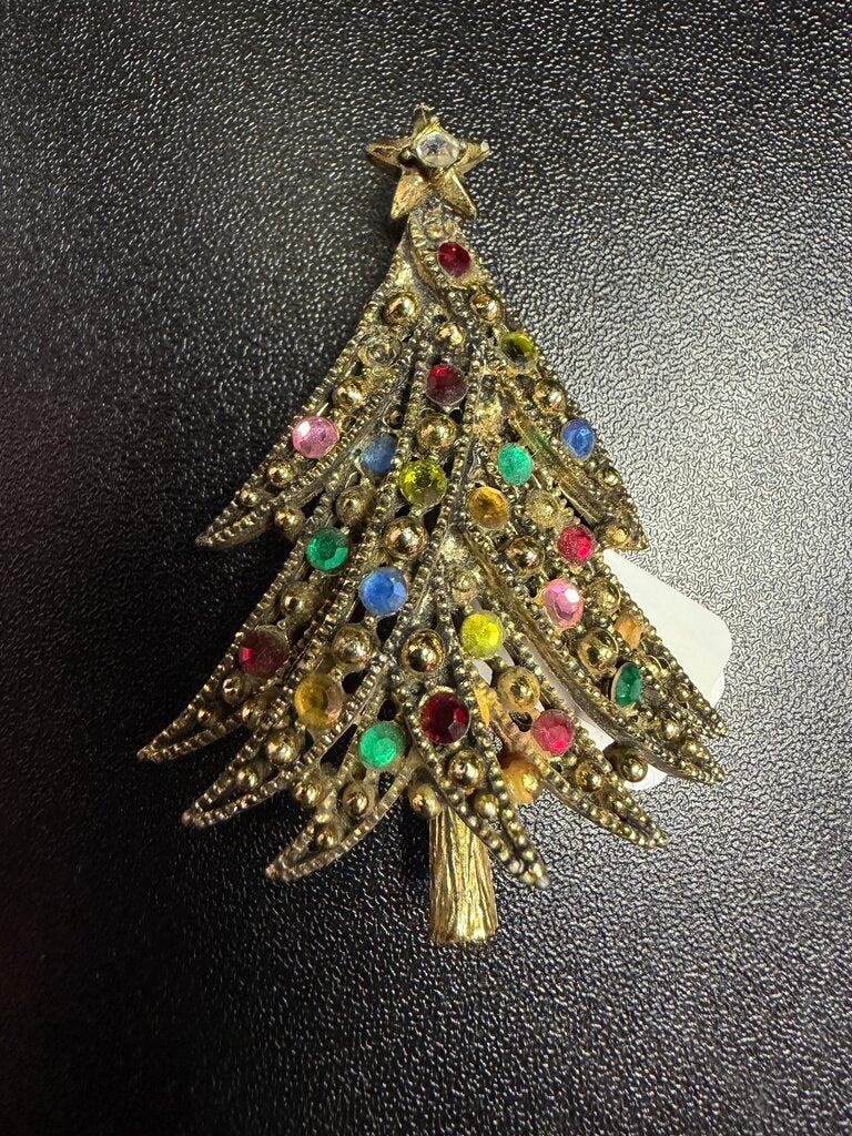 Vintage c.1960 Rhinestone Christmas Tree Brooch Missing One Stone
