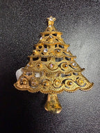 Vintage Gold Tone Christmas Tree Brooch Open Scroll Work Late 60s Missing Stones