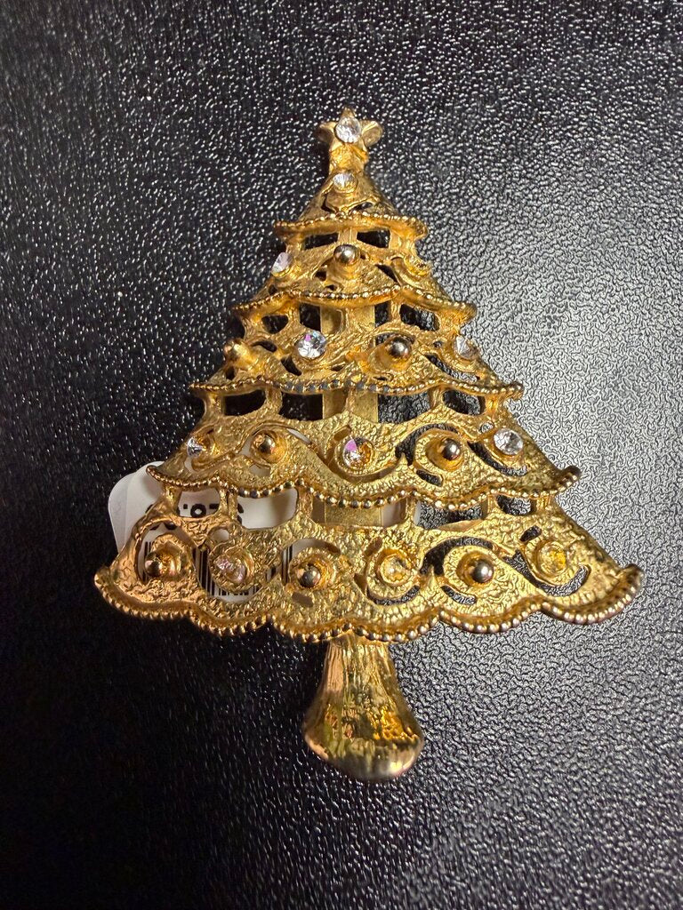 Vintage Gold Tone Christmas Tree Brooch Open Scroll Work Late 60s Missing Stones