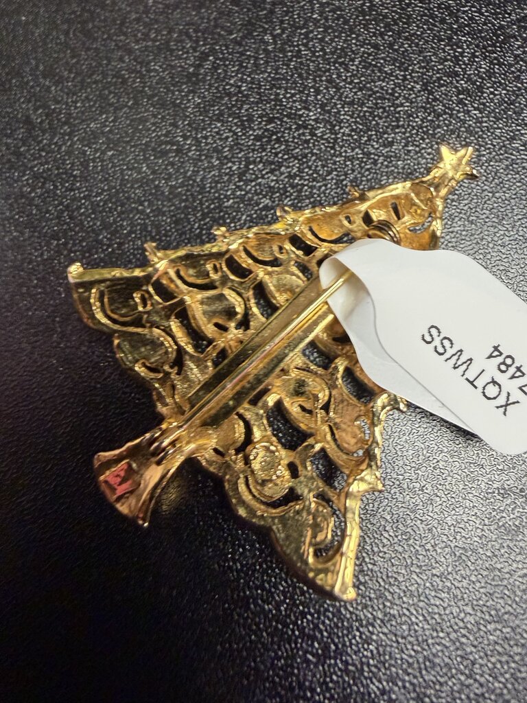 Vintage Gold Tone Christmas Tree Brooch Open Scroll Work Late 60s Missing Stones