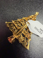 Vintage Gold Tone Christmas Tree Brooch Open Scroll Work Late 60s Missing Stones