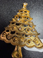 Vintage Gold Tone Christmas Tree Brooch Open Scroll Work Late 60s Missing Stones