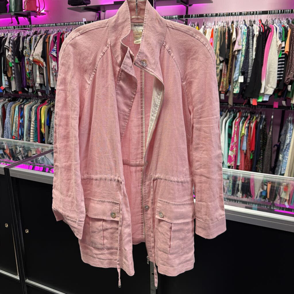 MED L/S B/F Zipper Linen Solid Pink Coat
