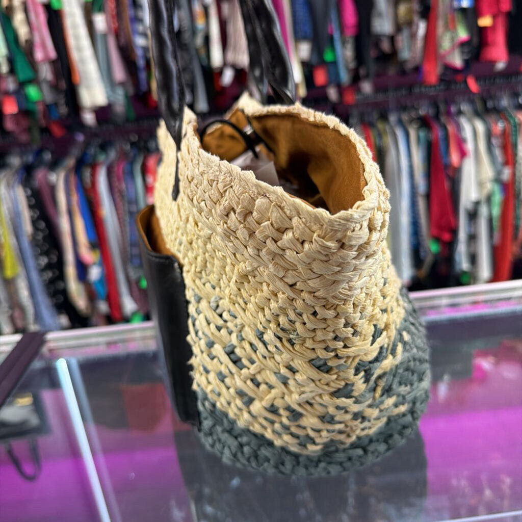 Patricia Nash Calypso Woven Straw Tote Color Bloch Leather Trim