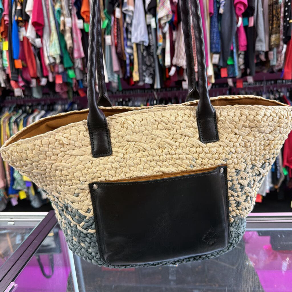 Patricia Nash Calypso Woven Straw Tote Color Bloch Leather Trim