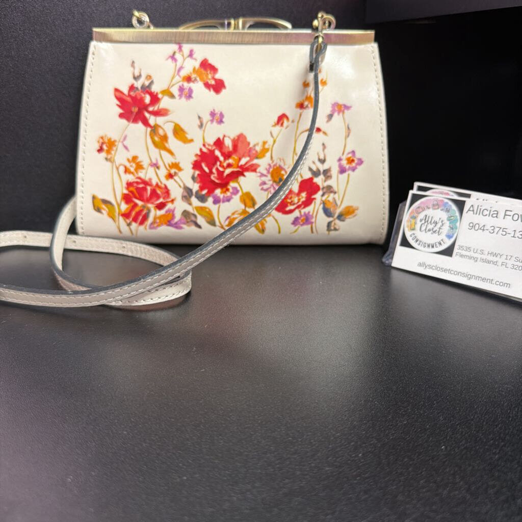 Patricia Nash Milina Frame Aegean Bloom Chalk Crossbody Leather Strap