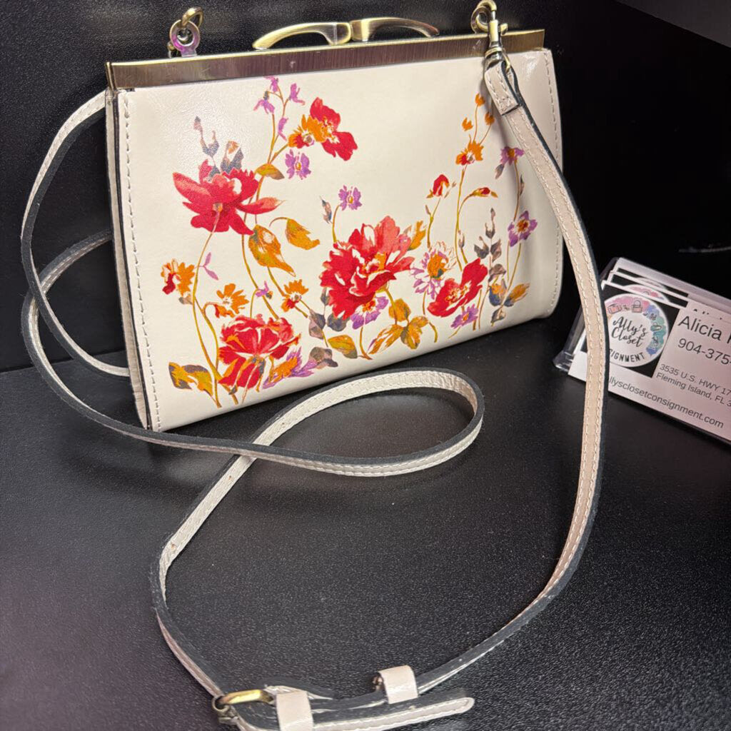 Patricia Nash Milina Frame Aegean Bloom Chalk Crossbody Leather Strap