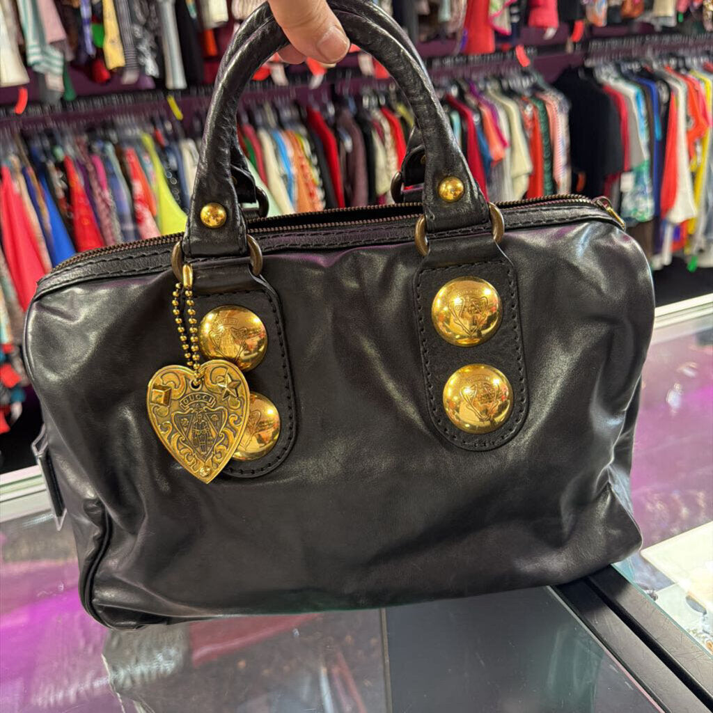 Gucci Babouska Boston Bag Leather Satchel Gold Button Heart Charm