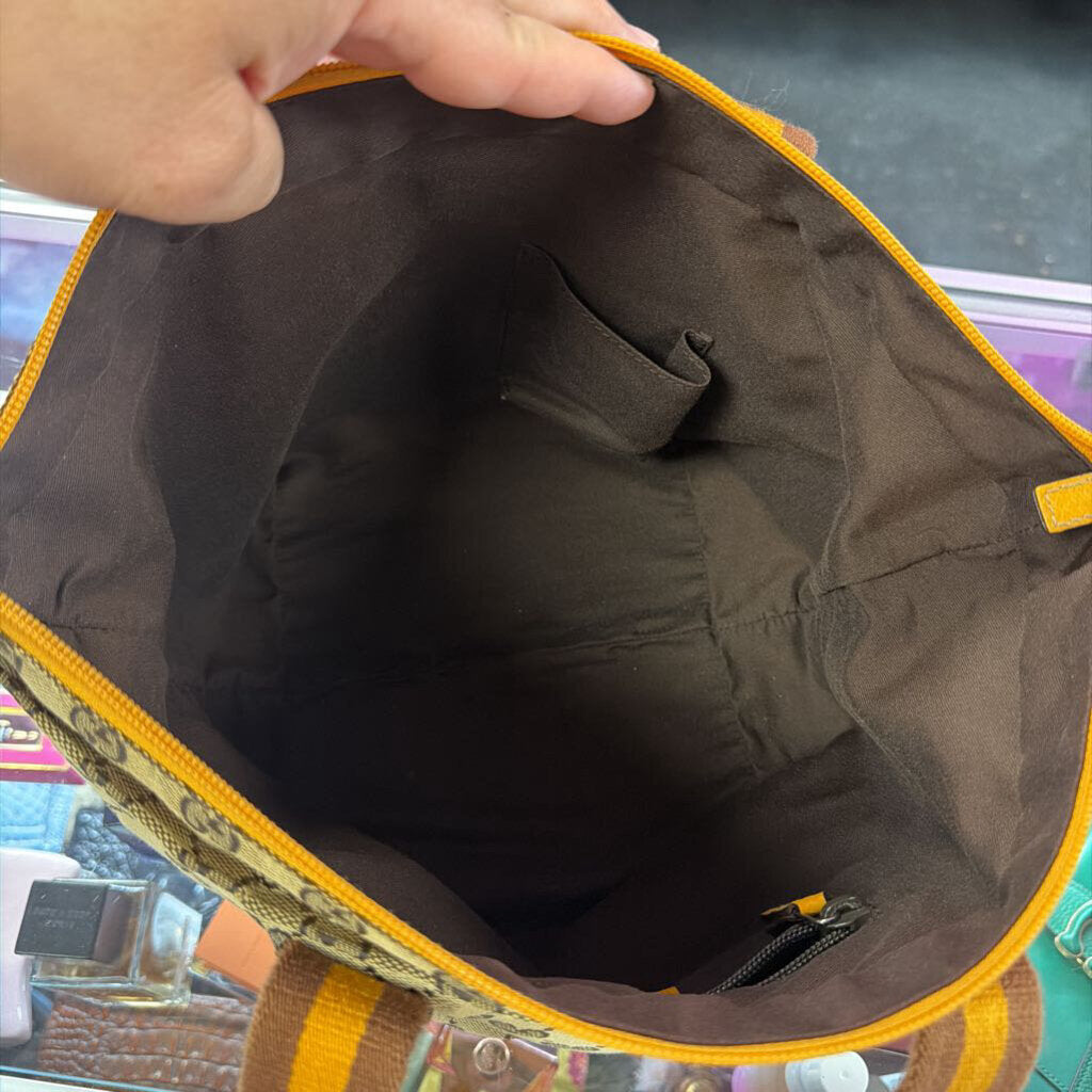 Gucci GG Canvas Yellow Web Tote Bag Zip Top