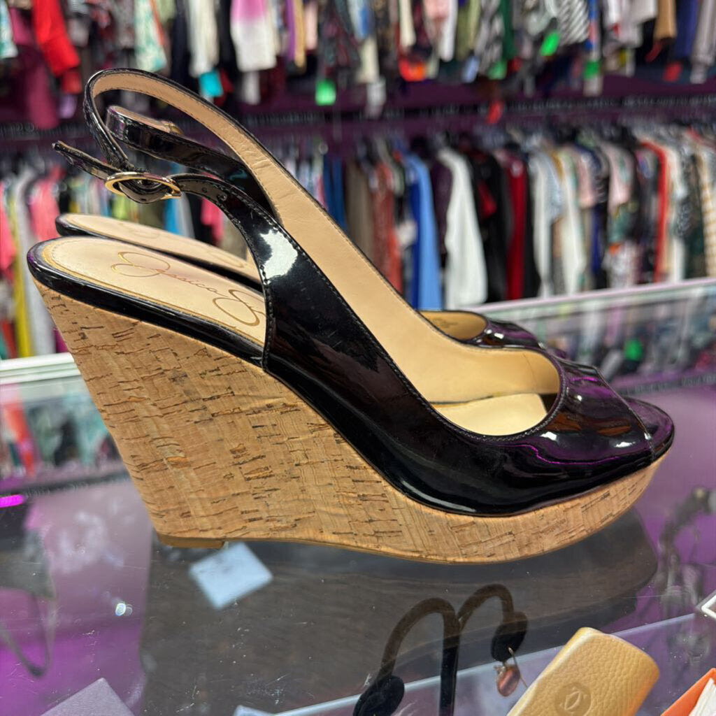 9 Jessica Simpson Peep Toe Patent Cork Wedge Slingback