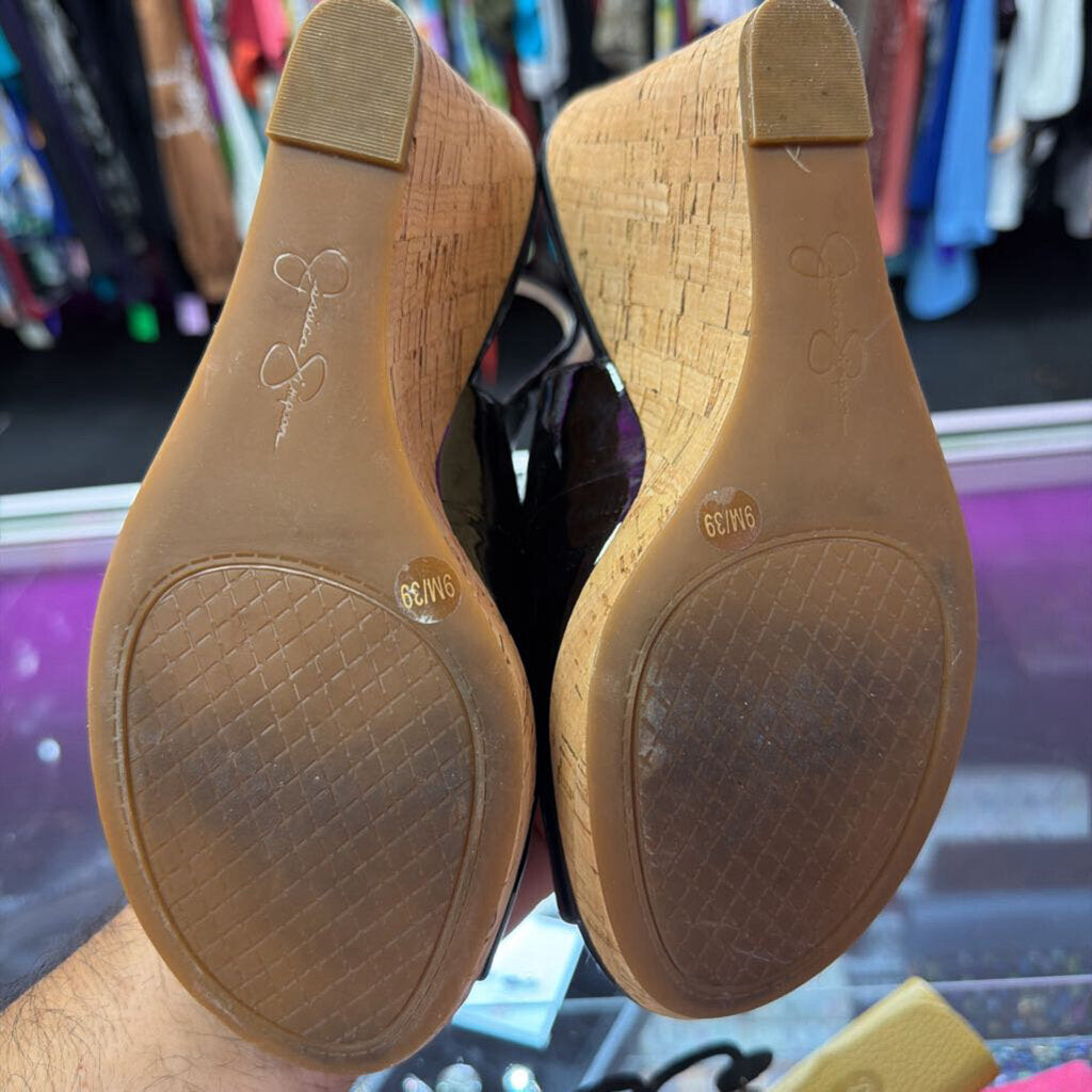 9 Jessica Simpson Peep Toe Patent Cork Wedge Slingback