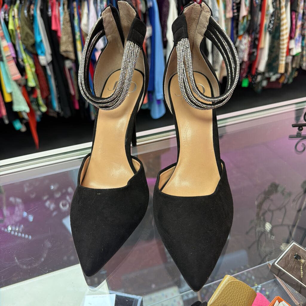 9 JLO Point Velvert Embellished Ankle Strap Heel