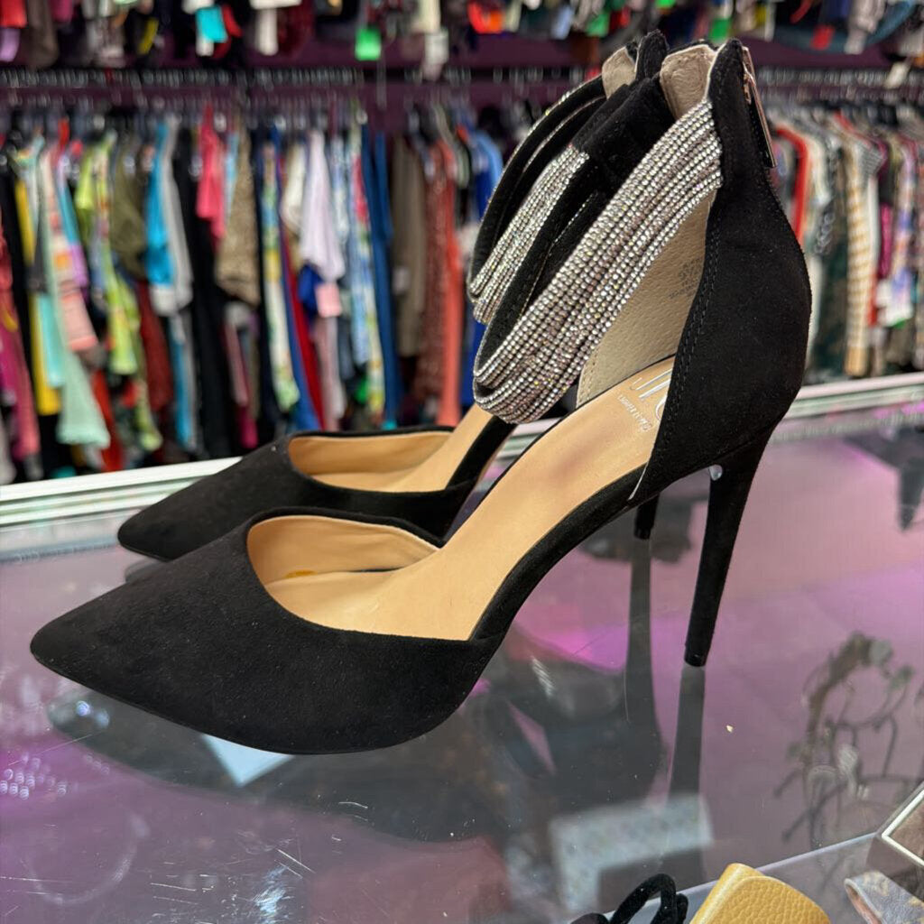9 JLO Point Velvert Embellished Ankle Strap Heel