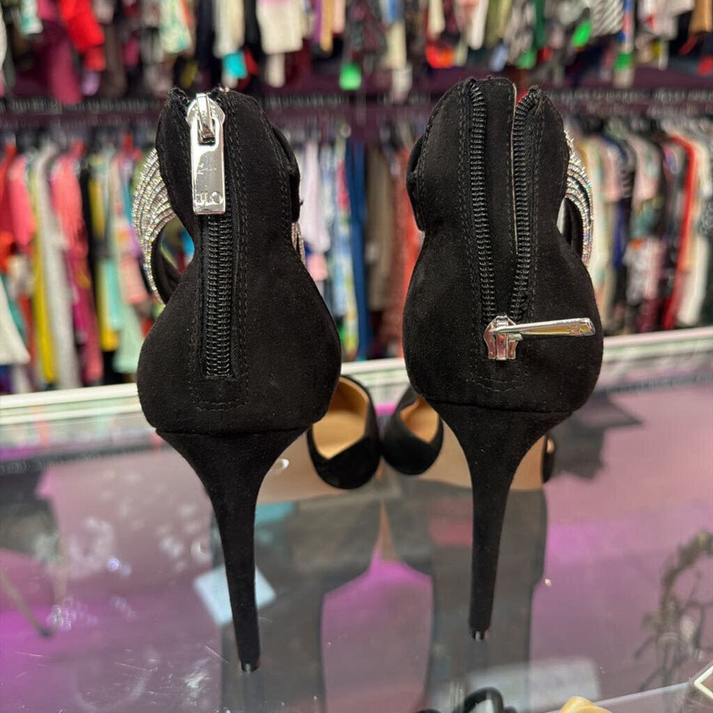 9 JLO Point Velvert Embellished Ankle Strap Heel