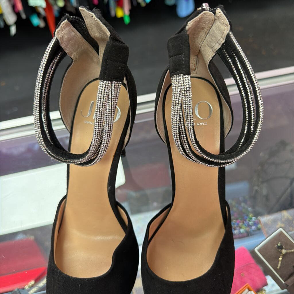 9 JLO Point Velvert Embellished Ankle Strap Heel