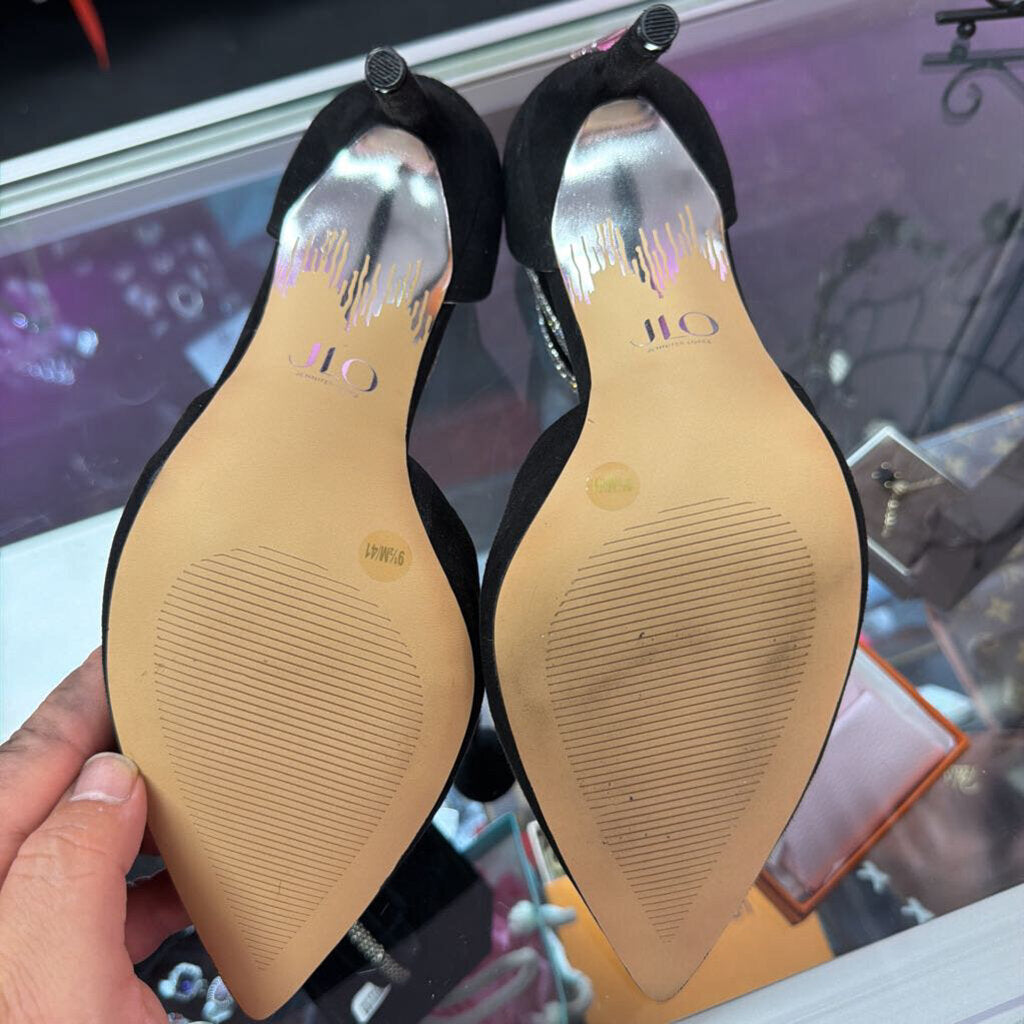 9 JLO Point Velvert Embellished Ankle Strap Heel