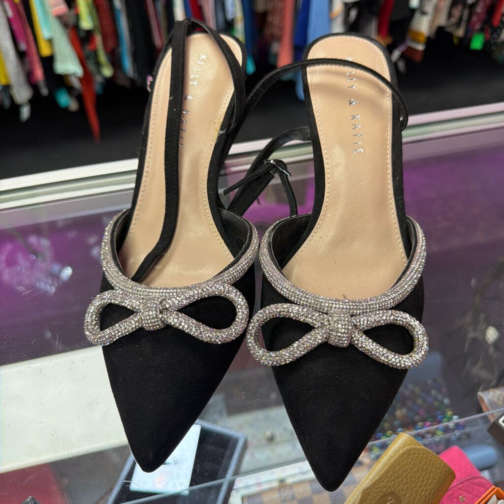 9 Kelly & Kate Pointed Ankle Strap Rhinestone Bow Detail Flat
