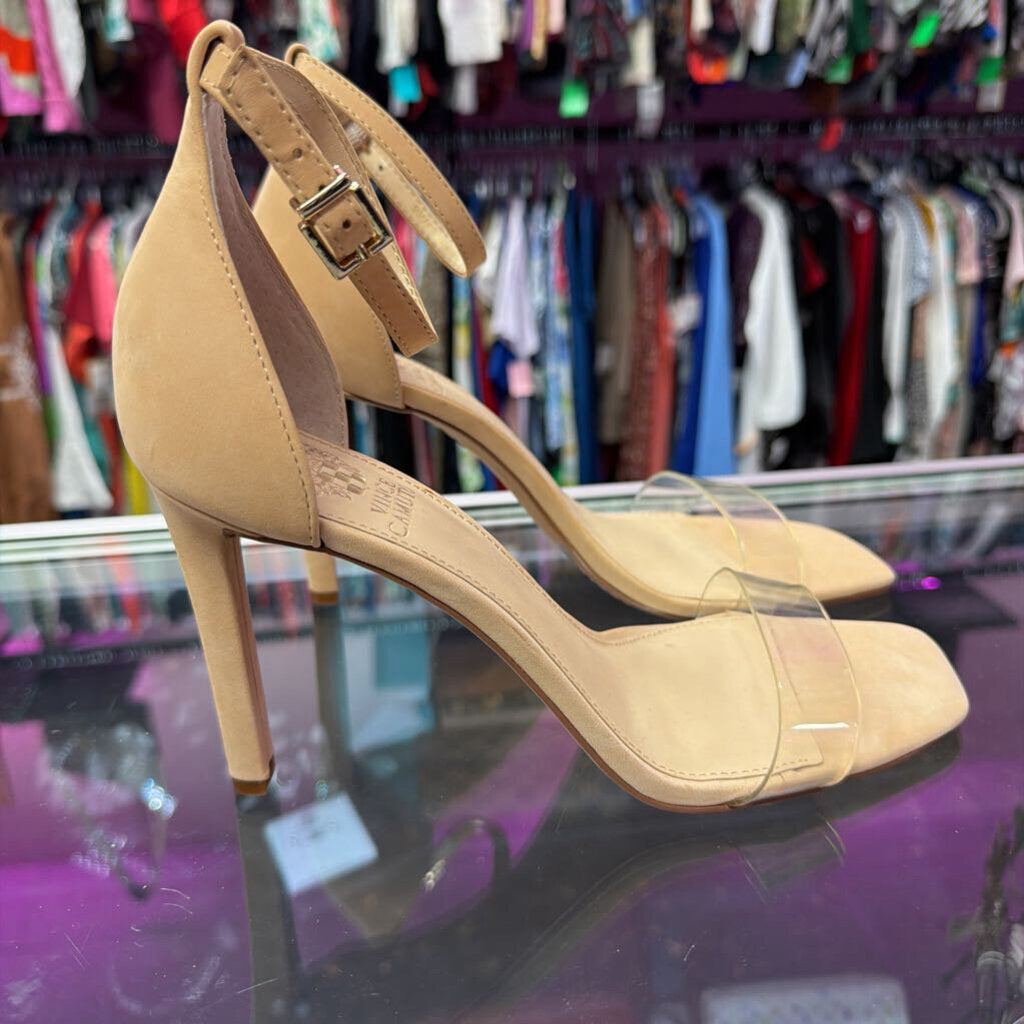 9 Vince Camuto Pointed Nude Ankle Strap Vinyl Toe Strap Heel