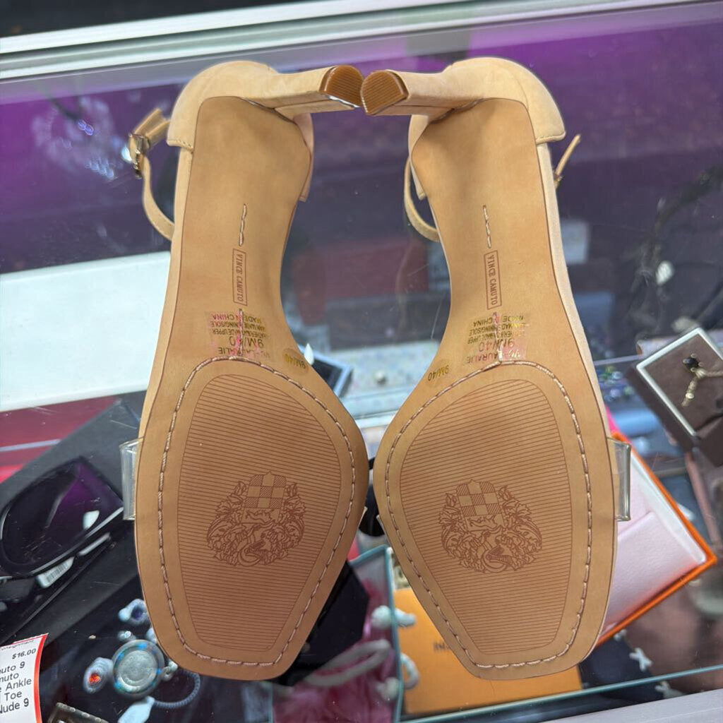 9 Vince Camuto Pointed Nude Ankle Strap Vinyl Toe Strap Heel