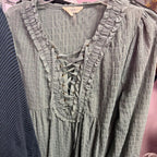 LG Entro Gauze Solid Tunic Lace Up Front Ruffle Trim Smocked Bodice