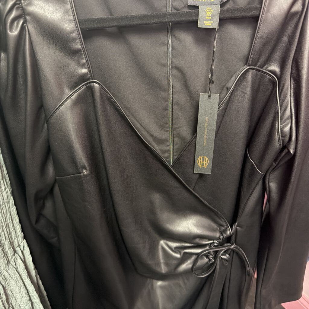 LG House of Harlow 1960 NWT Vegan Leather Mini Dress Square Neckline Long Sleeve Side Tie Wrap